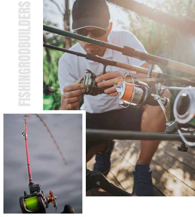 Man adjusting fishing rod by lake.